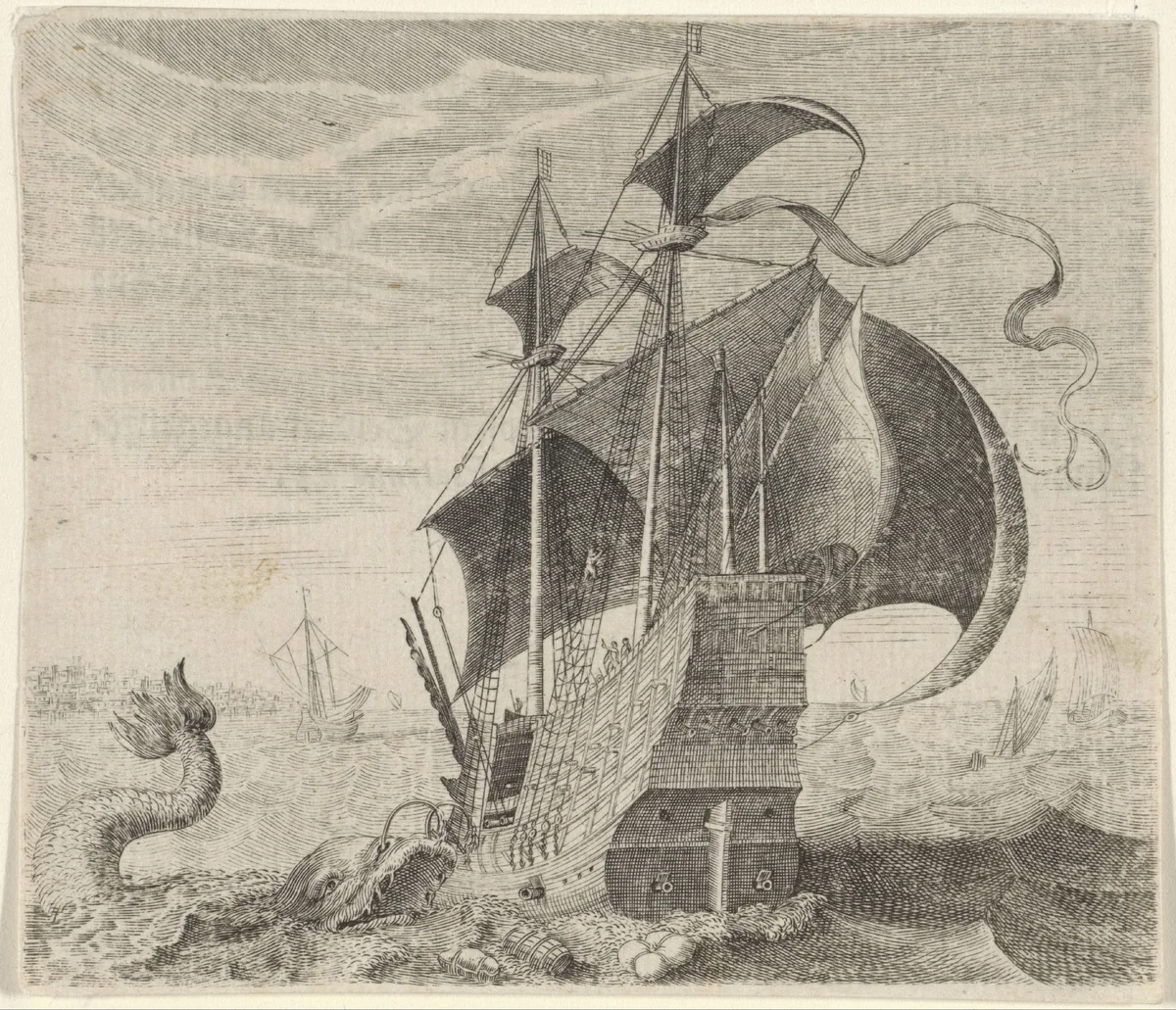Fabel van het schip en de walvis by Aegidius Sadeler, print, 1608
