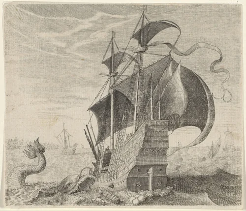 Fabel van het schip en de walvis by Aegidius Sadeler, print, 1608
