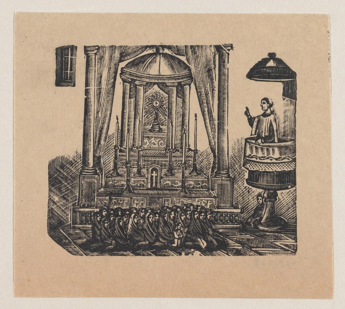 A priest conducting mass from a pulpit for women dressed in black by José Guadalupe Posada, print, 1890-1910