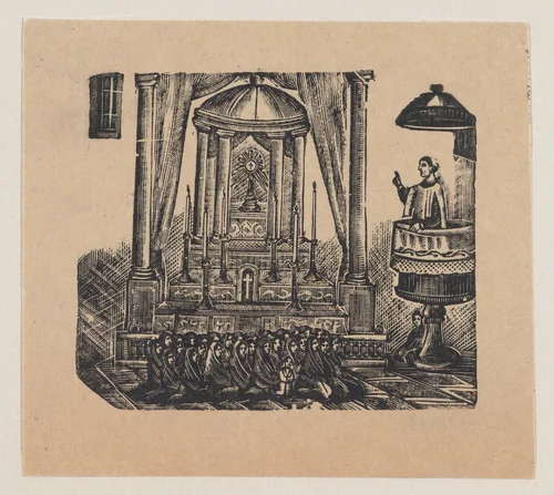 A priest conducting mass from a pulpit for women dressed in black by José Guadalupe Posada, print, 1890-1910