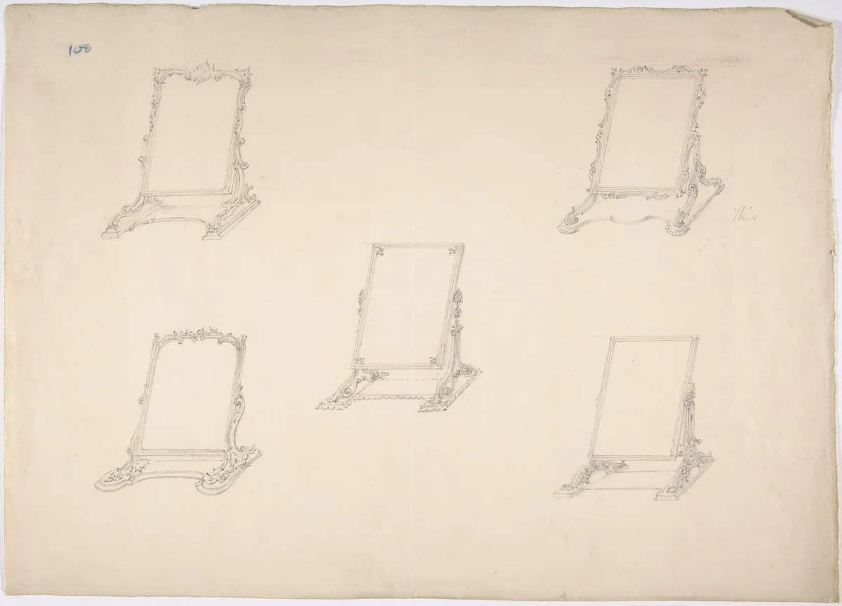 Design for Five Table Top Mirrors with Varying Ornament by anonymous, drawing, 1800-1850