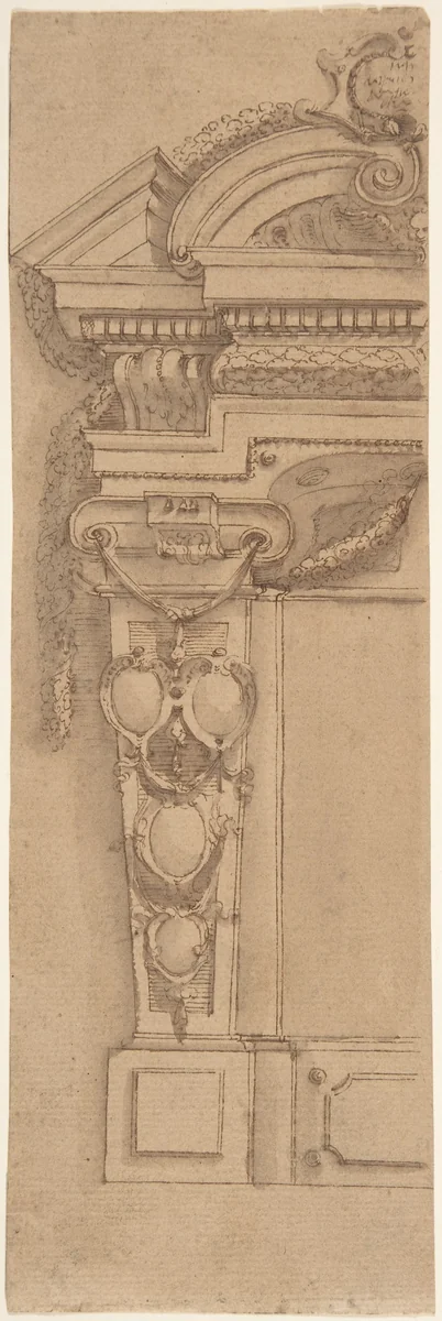 Left Half Design for Wall Monument with Escutcheon Motif by anonymous, drawing, 1600-1699