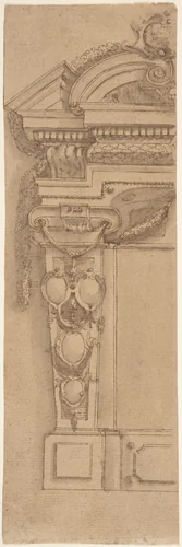 Left Half Design for Wall Monument with Escutcheon Motif by anonymous, drawing, 1600-1699