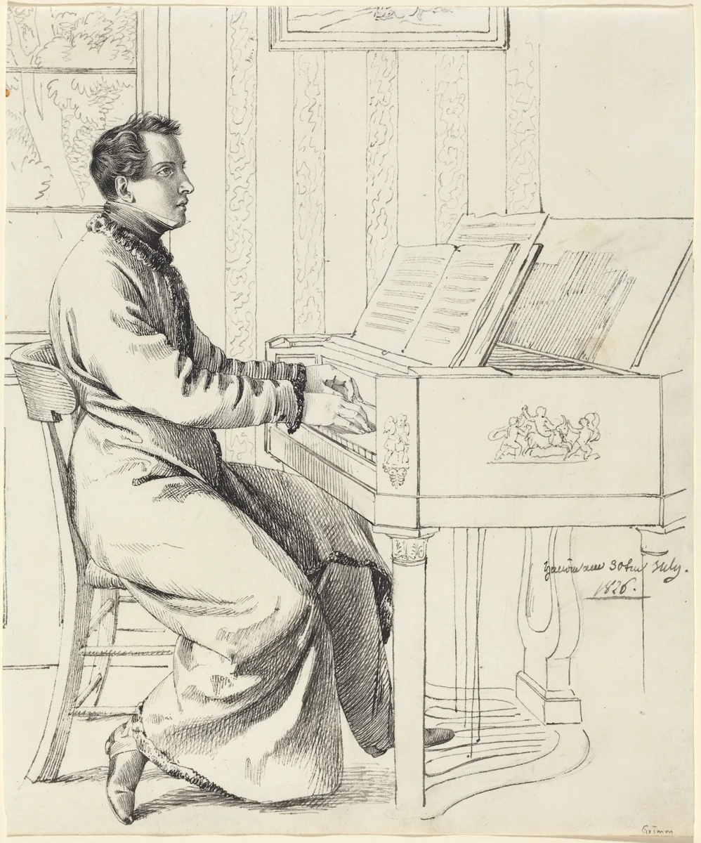 The Artist's Brother-in-Law, Ludwig Hassenpflug, Preparing to Play the Piano by Ludwig Emil Grimm, drawing, 1826