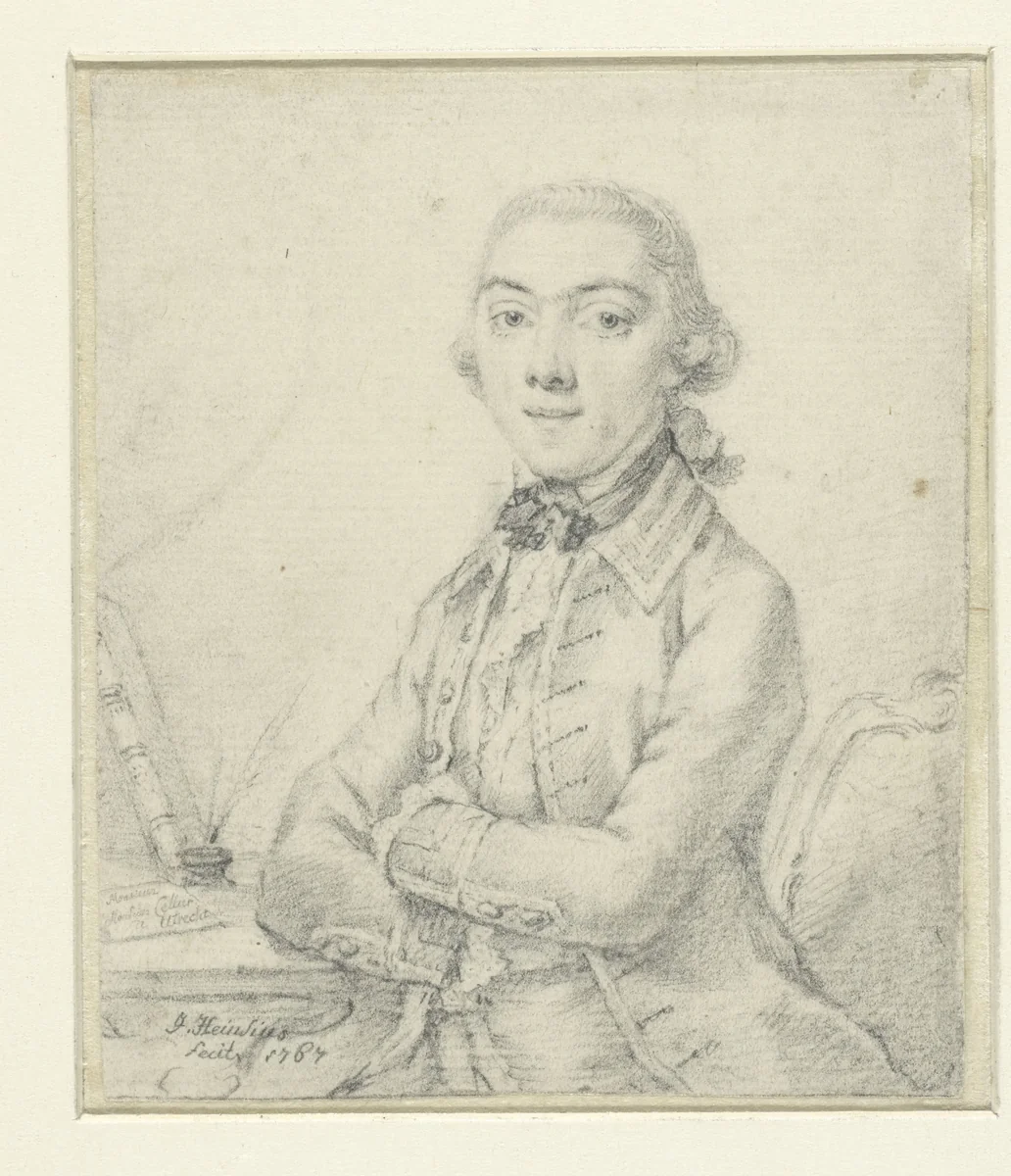 Portret van een jongeman aan een schrijftafel by Johannes Heinsius, drawing, 1767-1787