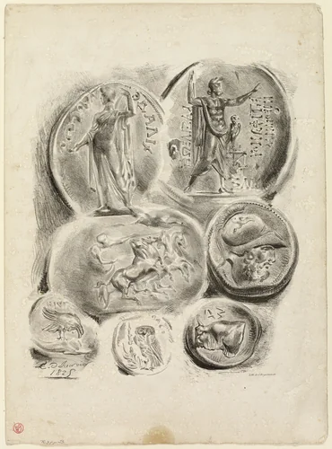 Sheet of Seven Antique Medals by Eugène Delacroix, print, 1825