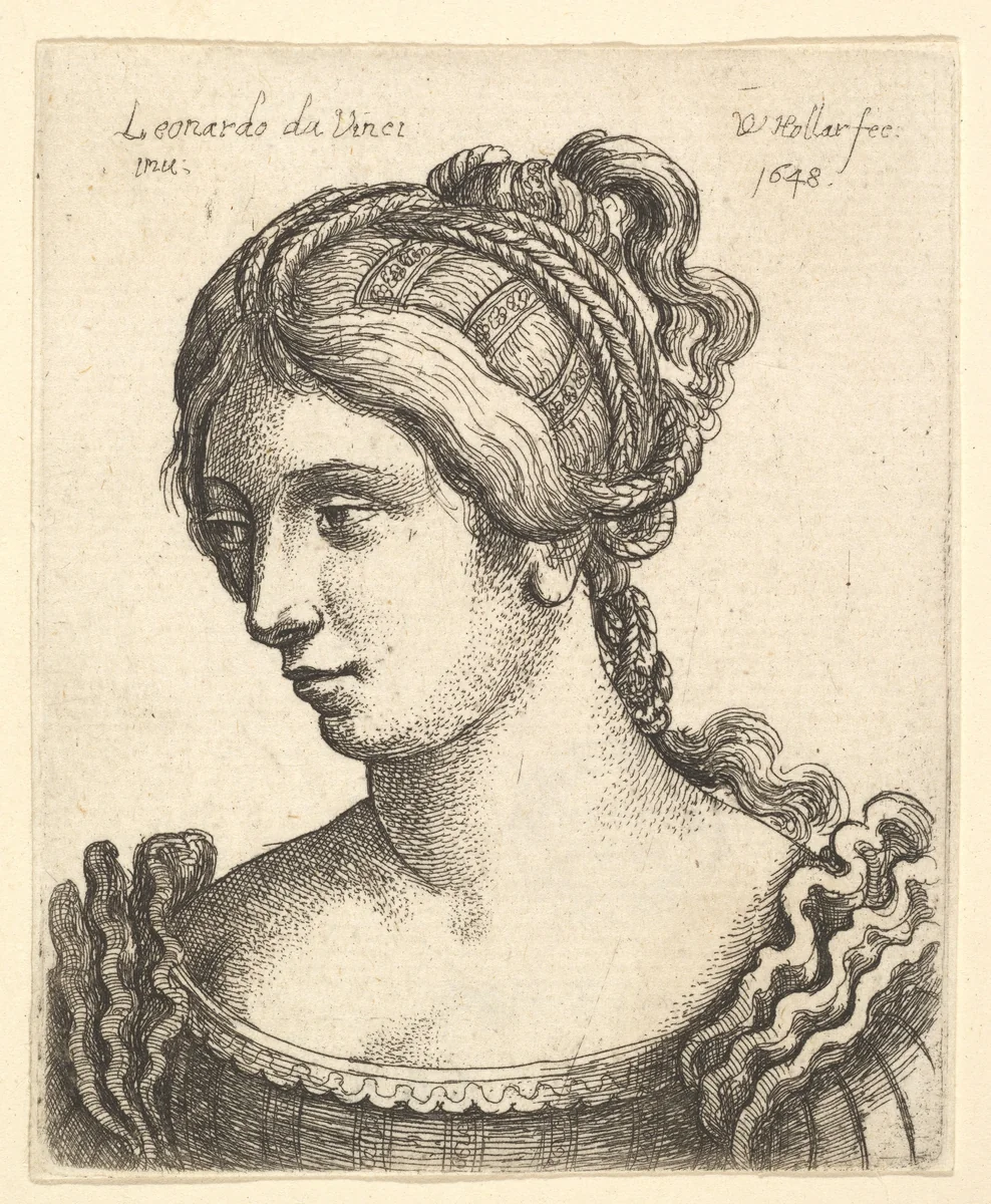 Bust of a woman looking downwards towards left with elaborately decorated hair by Wenceslaus Hollar, print, 1648