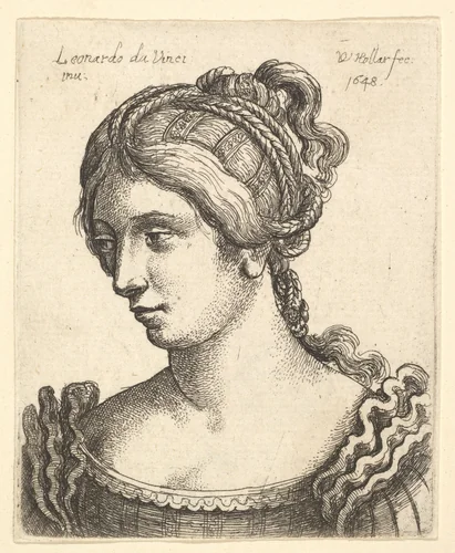 Bust of a woman looking downwards towards left with elaborately decorated hair by Wenceslaus Hollar, print, 1648