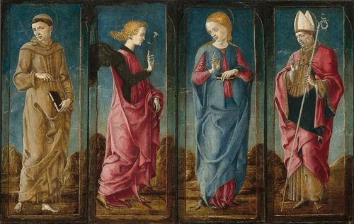The Annunciation with Saint Francis and Saint Louis of Toulouse [four panels] by Cosmè Tura, painting, 1470-1480
