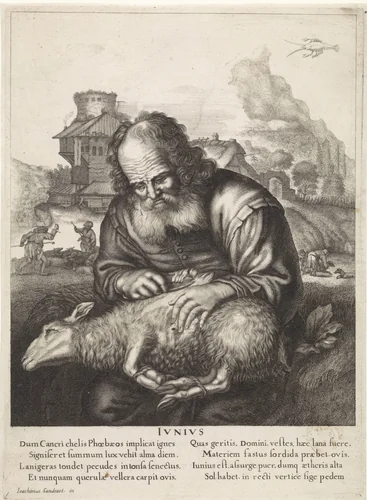 Juni: Een herder scheert een schaap by anonymous, print, 1645-1695