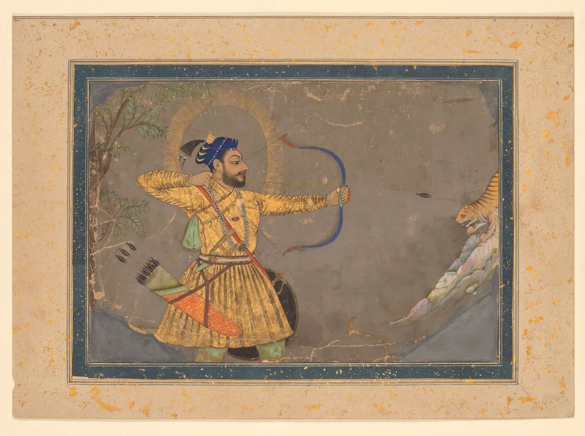 Sultan ‘Ali ‘Adil Shah II Slays a Tiger by Bombay Painter, manuscript, 1635-1685