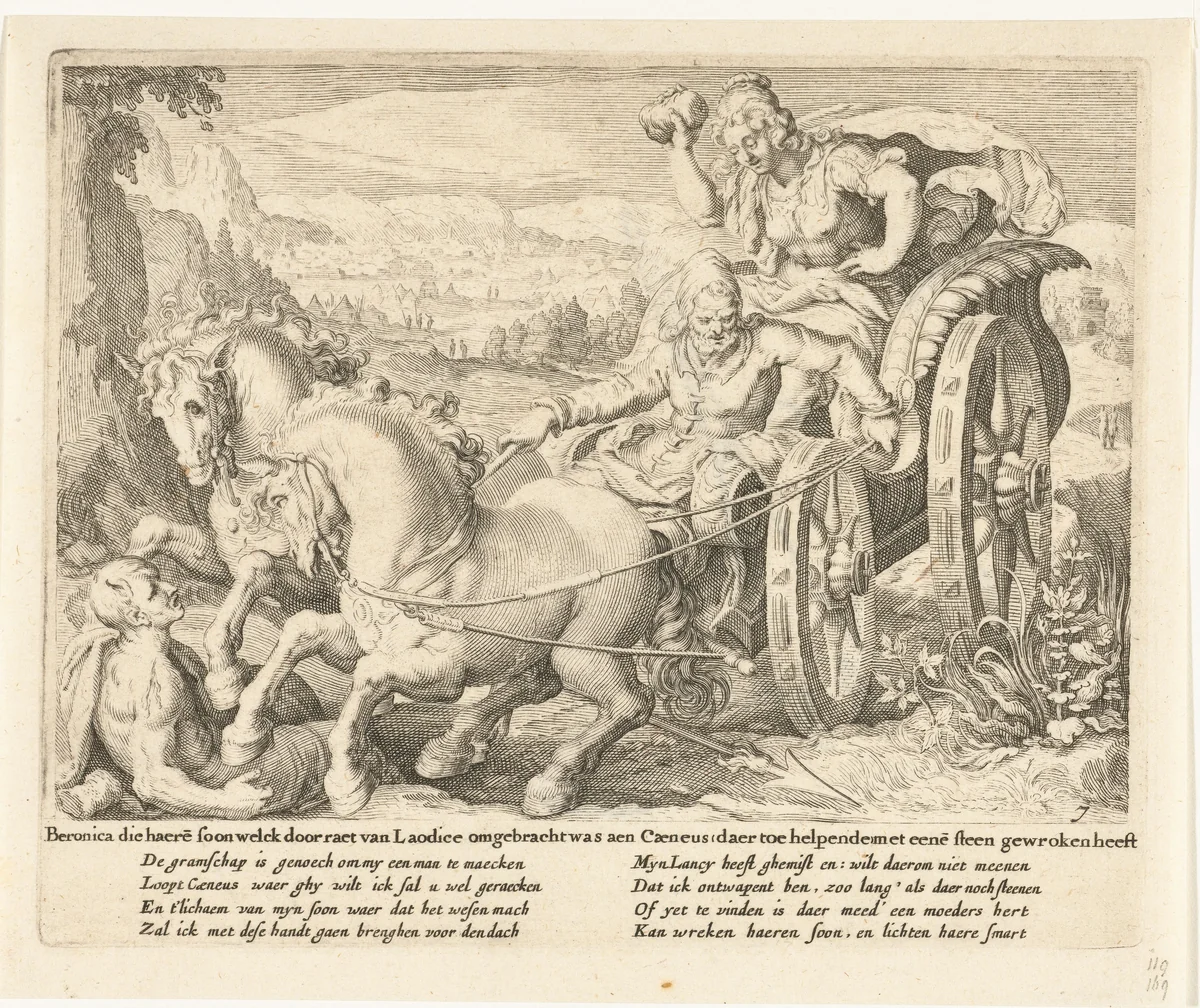 Beronica oefent wraak met een steen by Zacharias Dolendo, print, 1615-1652