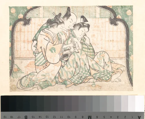 A Young Man Seated between Two Women by Okumura Masanobu (奥村政信), print, 1739-1759