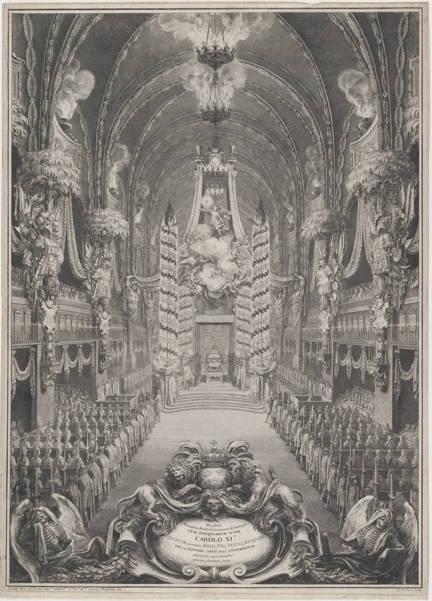 Catafalque of Charles XI, King of Sweden, Riddarholm Church, Stockholm by Sébastien Leclerc, print, 1700