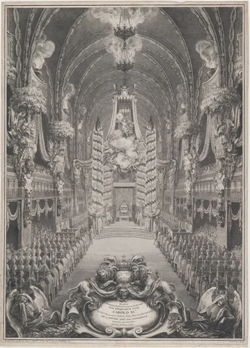 Catafalque of Charles XI, King of Sweden, Riddarholm Church, Stockholm by Sébastien Leclerc, print, 1700