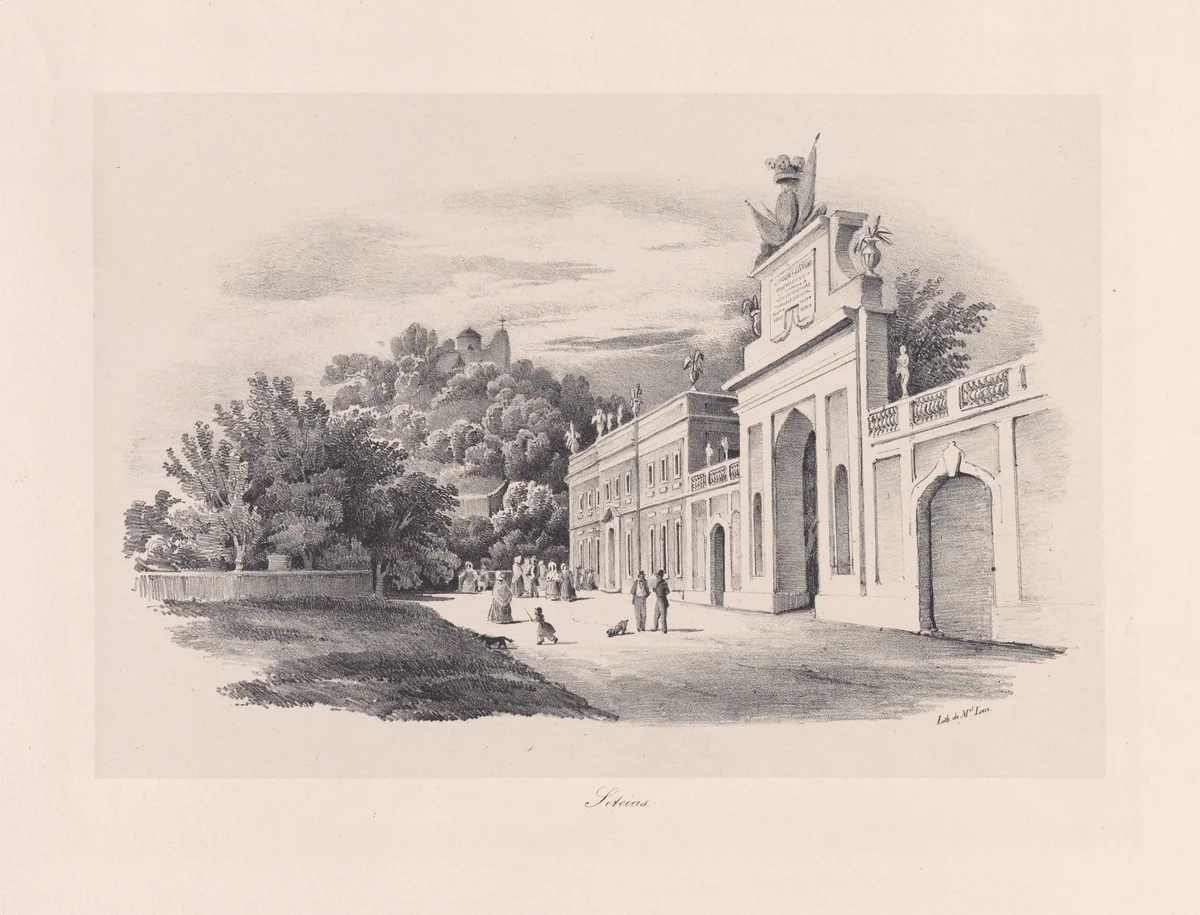 View of the entrance to the Palacio de Seteais, Sintra by Clementine de Brelaz, print, 1840