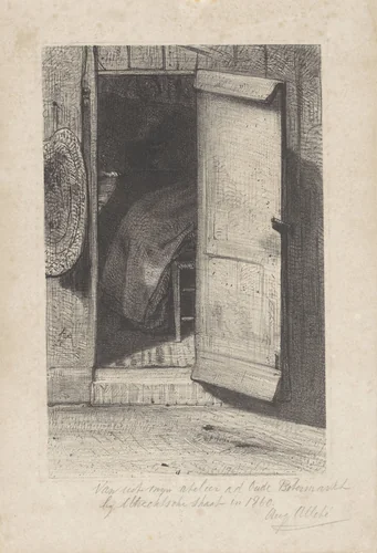 Doorkijk door een geopende deur by August Allebé, print, 1848-1927
