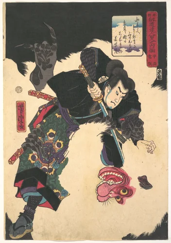 The Warrior Slaying the Giant White Hihi by Utagawa Yoshitora (歌川芳虎), print, 1859