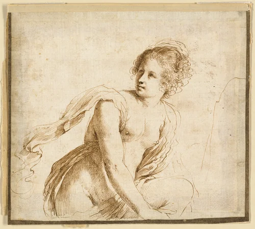 Female Nude Turning Towards Left, Clasping Knee by Guercino, drawing, 1611-1799