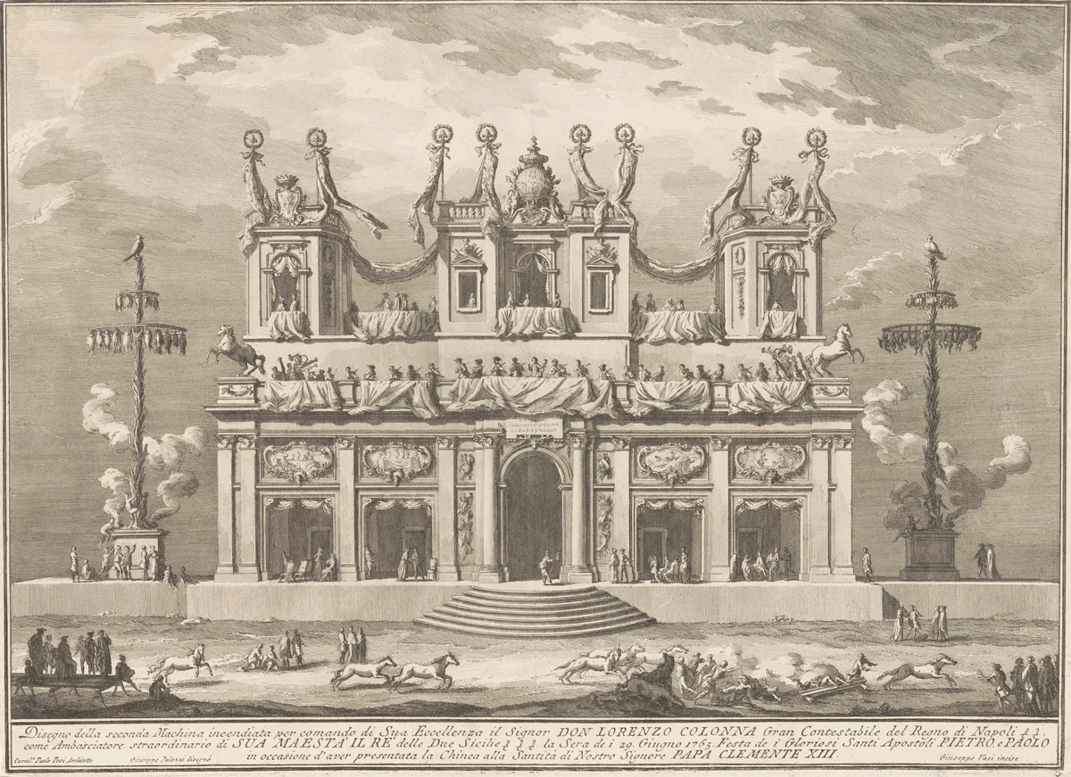 The Seconda Macchina for the Chinea of 1765: A Decorated Building with Cockaigne Poles by Giuseppe Vasi, print, 1765
