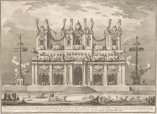 The Seconda Macchina for the Chinea of 1765: A Decorated Building with Cockaigne Poles by Giuseppe Vasi, print, 1765