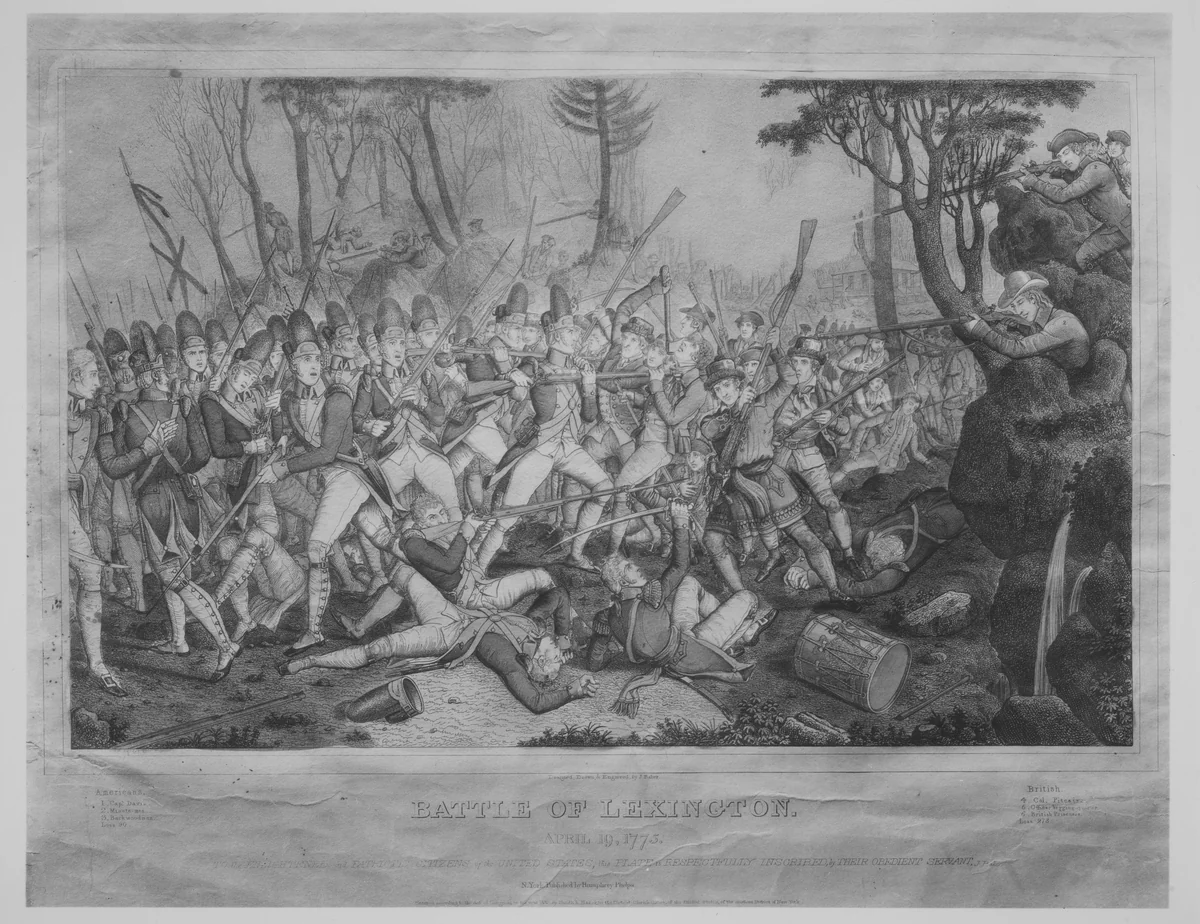 Battle of Lexington, April 19, 1775 by John Baker, print, 1832