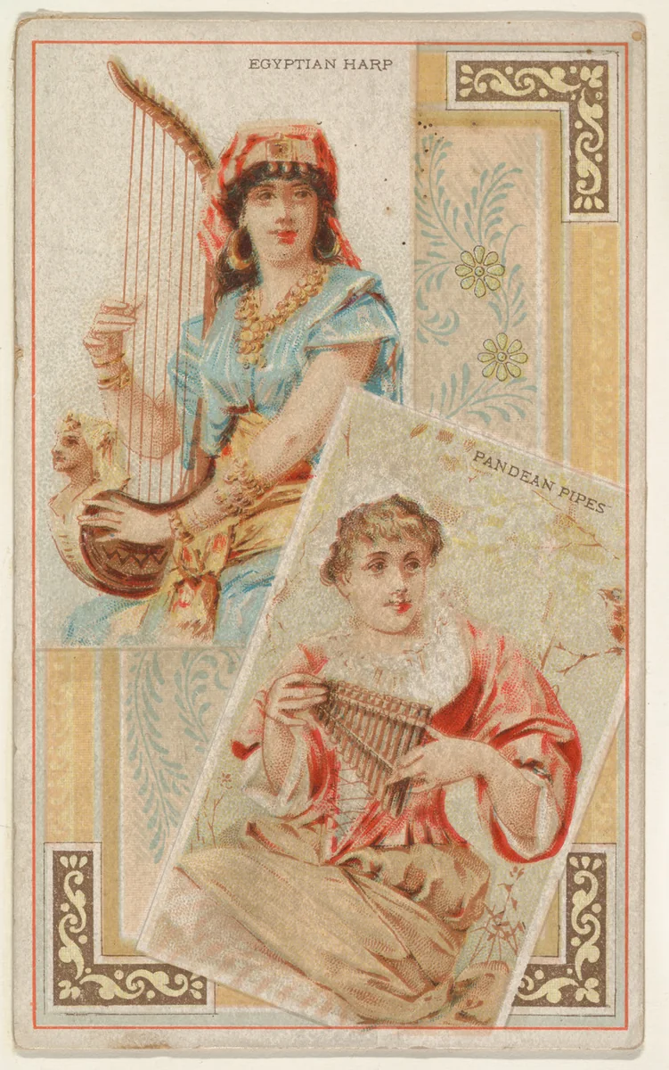 Egyptian Harp and Pandean Pipes, from the Musical Instruments series (N121) issued by Duke Sons & Co. to promote Honest Long Cut Tobacco by W. Duke, Sons & Co., print, 1888