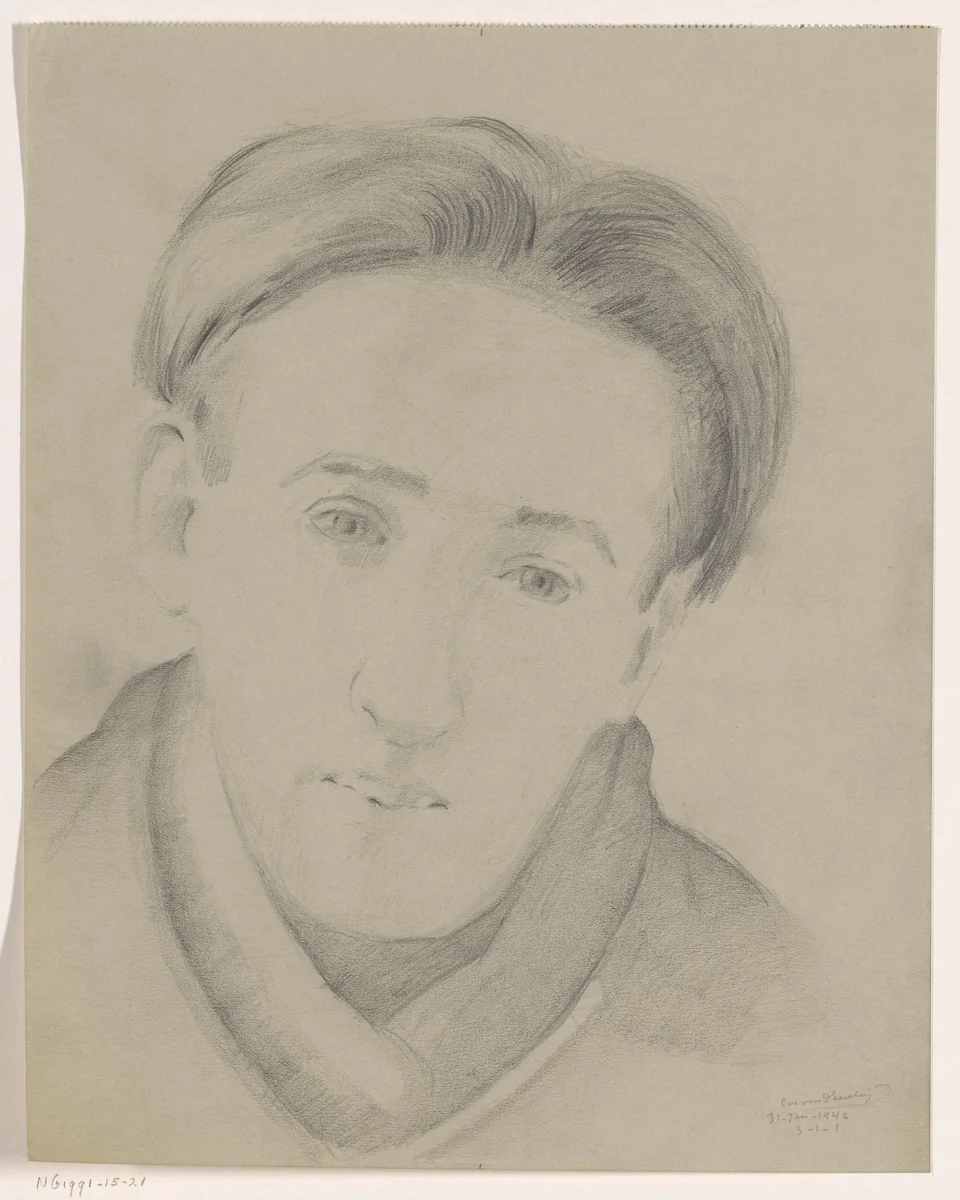 Zelfportret en face: B-1-1, 31 januari by Cor van Teeseling, drawing, 1942