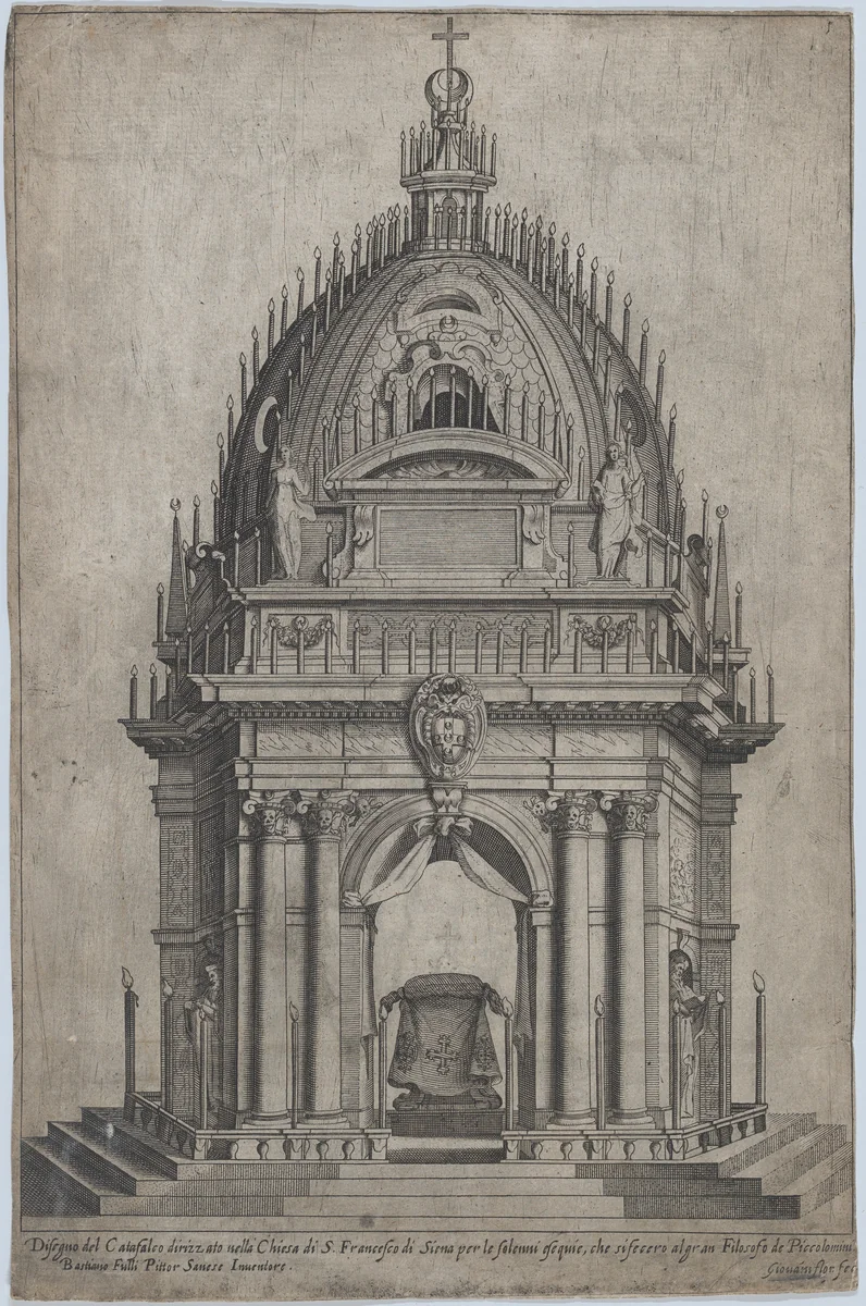 Design of the catafalque for Francesco Piccolomini, from "Libro De Catafalchi, Tabernacoli, con varij designi di Porte fenestre et altri ornamenti di Architettura" by Giovanni Florimi, book, 1608