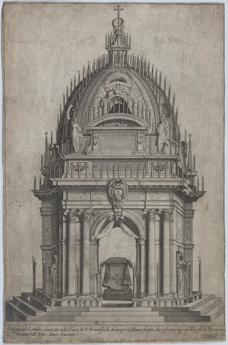 Design of the catafalque for Francesco Piccolomini, from "Libro De Catafalchi, Tabernacoli, con varij designi di Porte fenestre et altri ornamenti di Architettura" by Giovanni Florimi, book, 1608