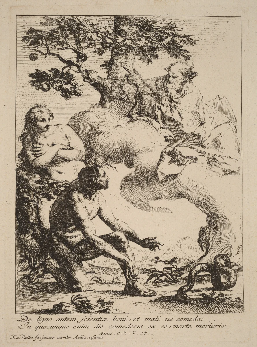 God Commanding Adam and Eve by Franz Karl Palko, print, 1760-1769
