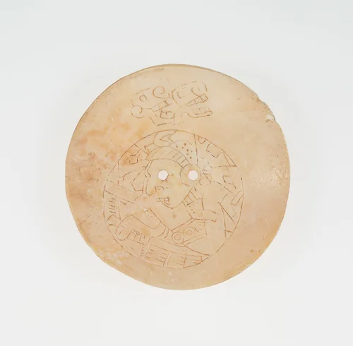 Disc from an Earflare Inscied with a Figure in Contoured Pose by Huaxtec Veracruz, other, 1200-1500
