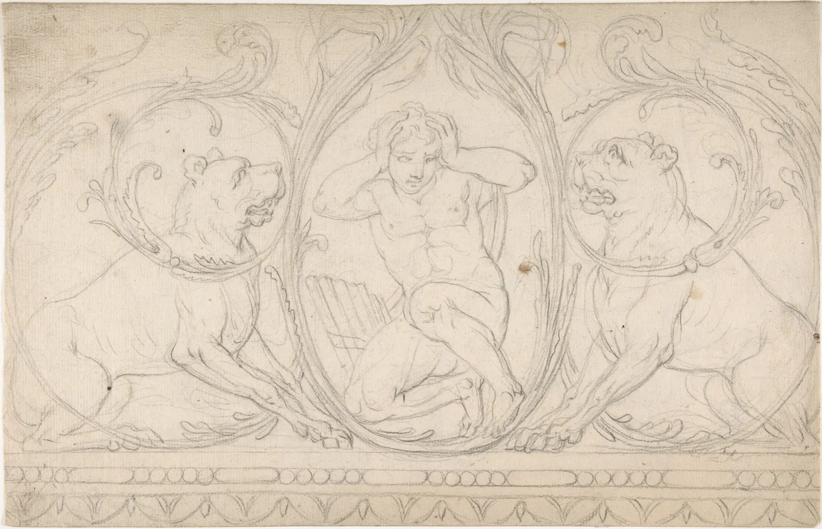 Ornament Containing a Nude Male with Pipes Framed by Two Dogs by anonymous, drawing, 1775-1825