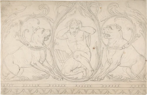 Ornament Containing a Nude Male with Pipes Framed by Two Dogs by anonymous, drawing, 1775-1825