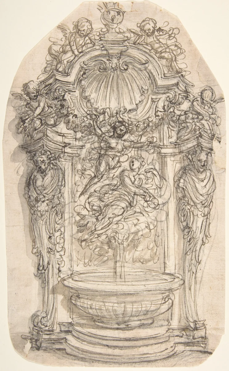Design for a Fountain in a Niche flanked by Terms by Giovanni Battista Foggini, drawing, 1652-1725