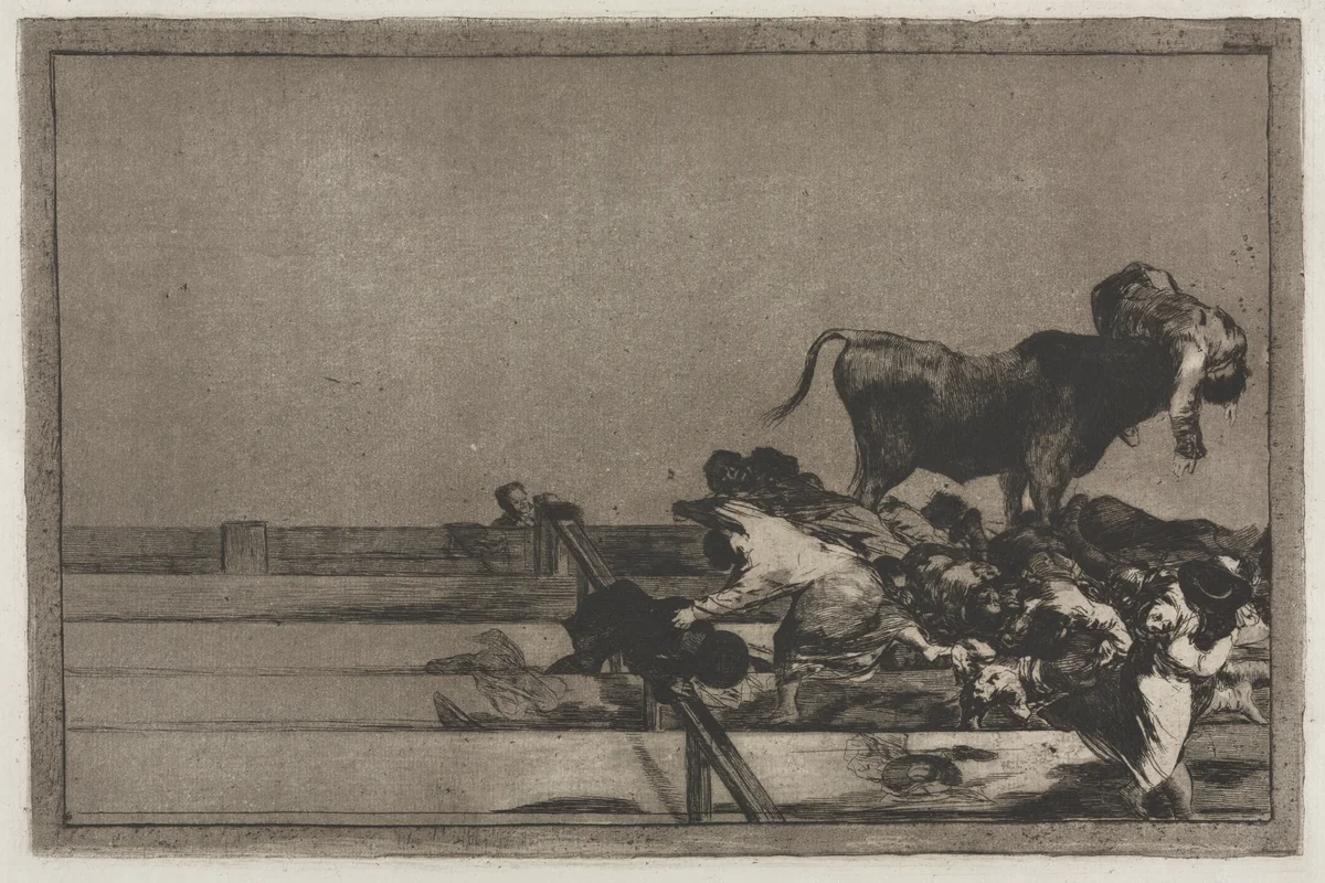 Bullfights: Dreadful Events in the Front Rows of the Ring at Madrid and Death of the Mayor of Torrejon by Francisco de Goya, print, 1816-1876