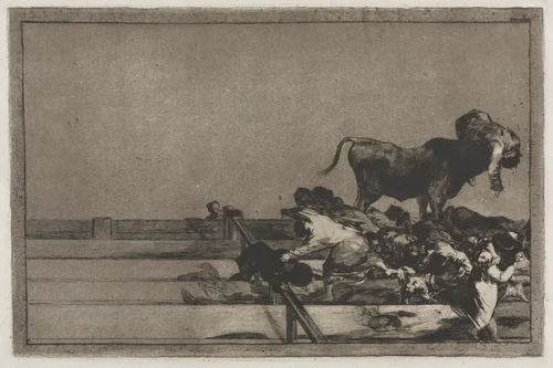 Bullfights: Dreadful Events in the Front Rows of the Ring at Madrid and Death of the Mayor of Torrejon by Francisco de Goya, print, 1816-1876