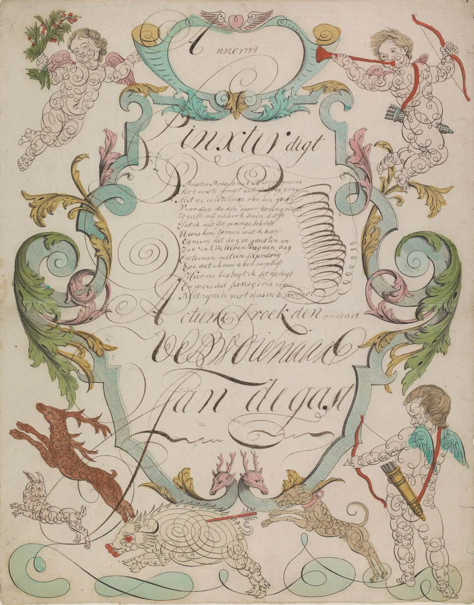 Wensbrief met een putto die schiet op een zwijn by anonymous, print, 1744