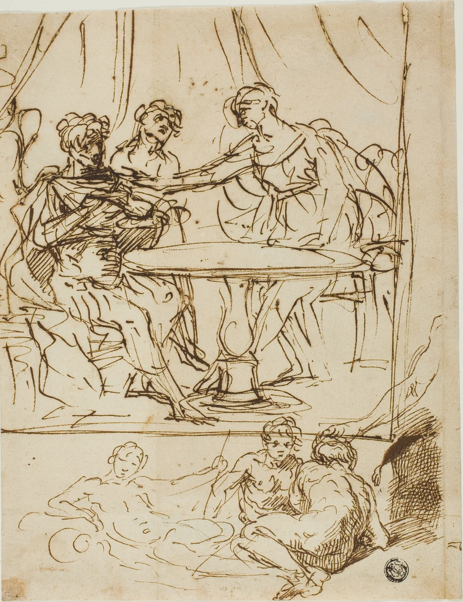 Judith with the Head of Holofernes and Sketches of River Gods (recto); Female Head, Looking Upwards (verso) by Simone Cantarini, drawing, 1600-1699