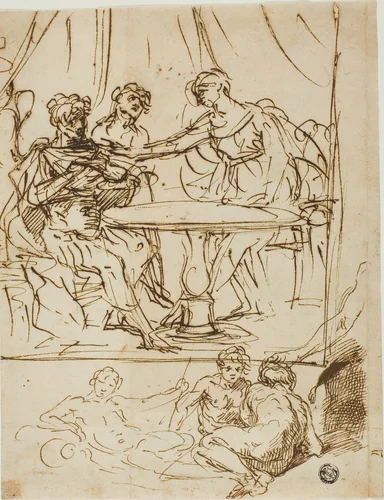 Judith with the Head of Holofernes and Sketches of River Gods (recto); Female Head, Looking Upwards (verso) by Simone Cantarini, drawing, 1600-1699
