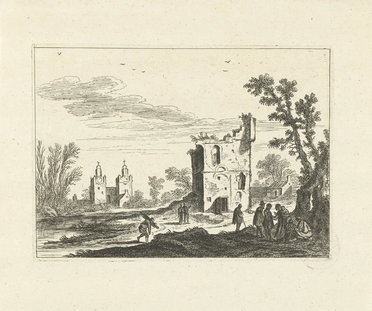 Landschap met ruïne en kerk by Johannes Gronsveld, print, 1679-1728