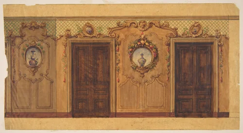 Design for a room with double doors decorated with garlands of fruit and flowers, scrolls, and lattice work by Jules-Edmond-Charles Lachaise, drawing, 1830-1897