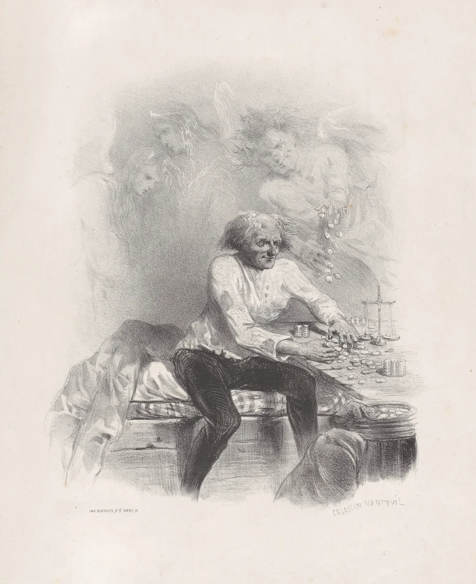 Old Man Counting Money at a Table with a Scale by Célestin Nanteuil, print, 1825-1865