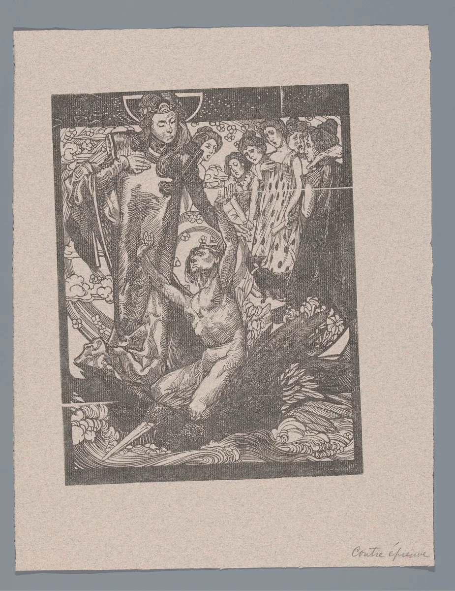 Vrouwenfiguren met man op rug van vogel by Johannes Josephus Aarts, print, 1881-1934