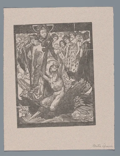 Vrouwenfiguren met man op rug van vogel by Johannes Josephus Aarts, print, 1881-1934