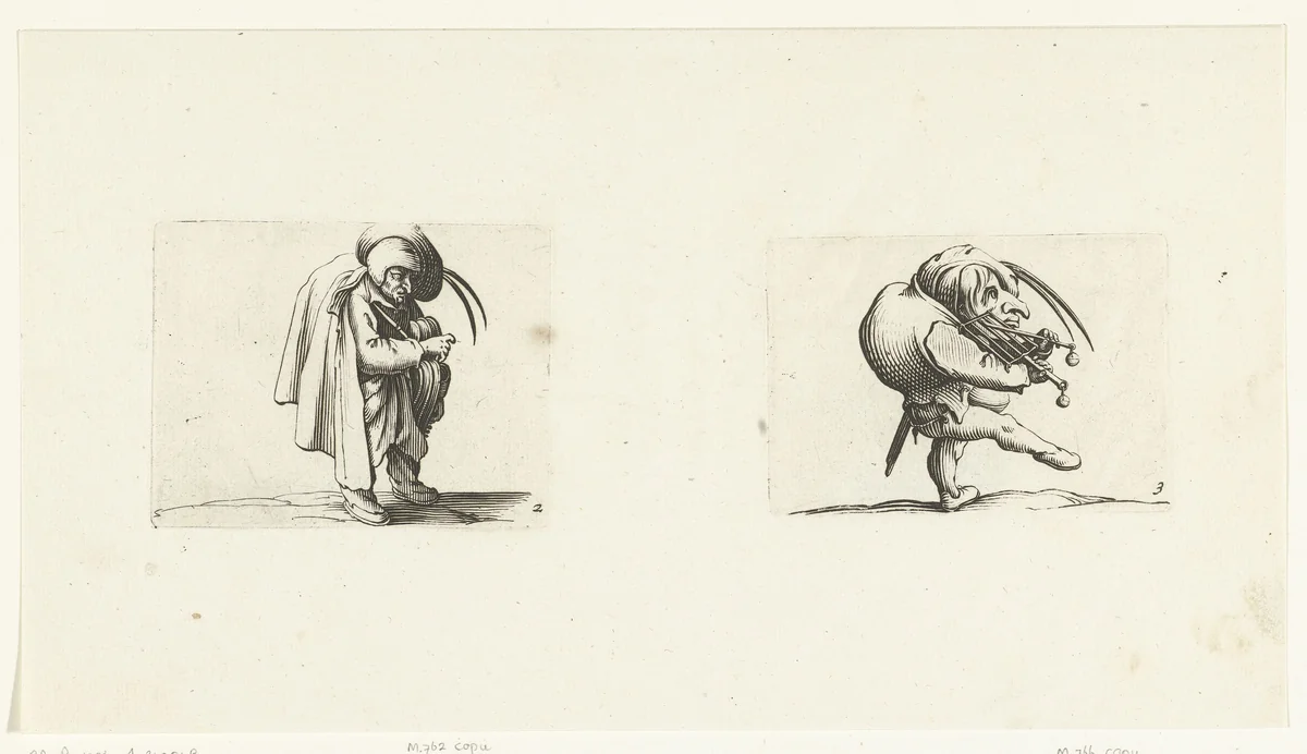 Groteske figuur met draailier; kleine mens (karikatuur) met rooster en zwaard by Abraham Bosse, print, 1621-1676