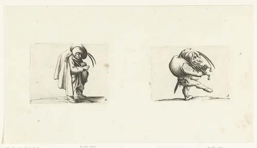 Groteske figuur met draailier; kleine mens (karikatuur) met rooster en zwaard by Abraham Bosse, print, 1621-1676