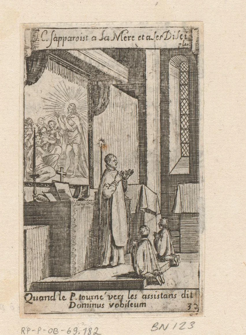 Priester met twee misdienaars voor een altaar by Sébastien Leclerc, print, 1661