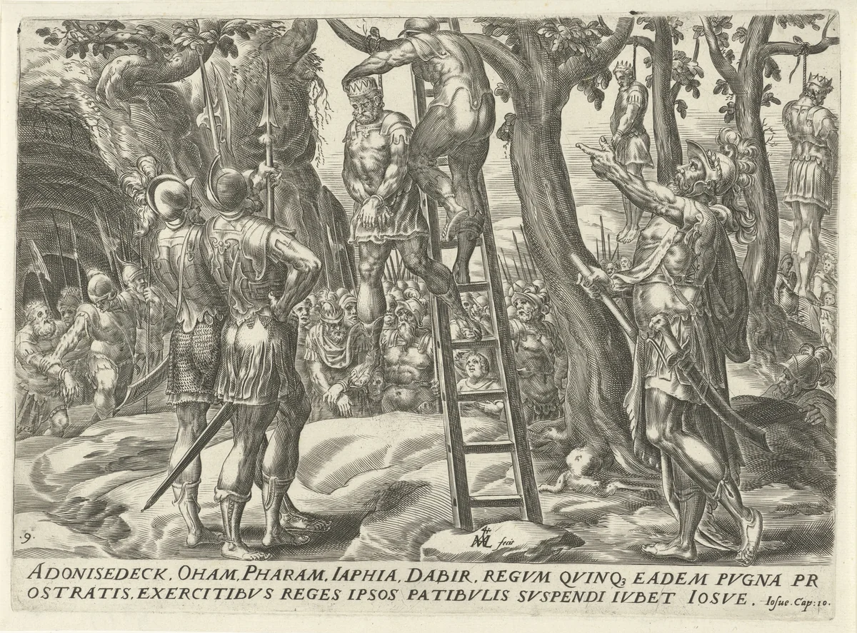 Vijf Amoritische koningen opgehangen by Unknown, print, 1567-1570