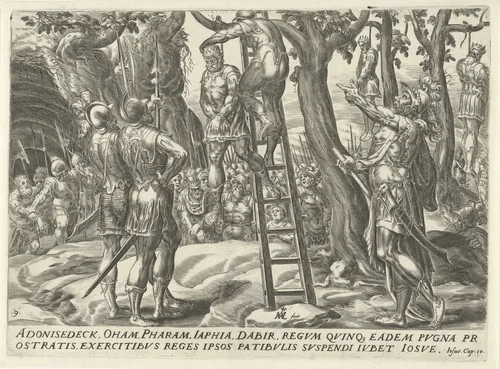 Vijf Amoritische koningen opgehangen by Unknown, print, 1567-1570